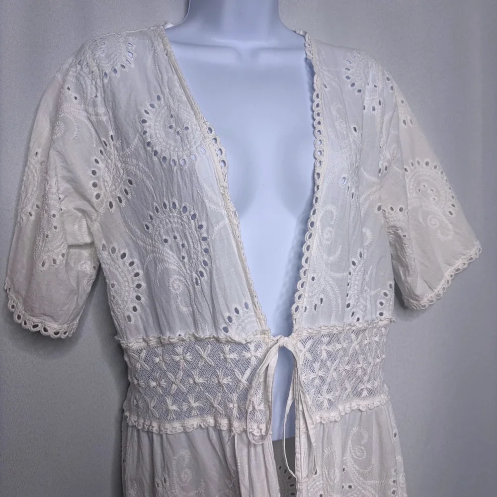 Luisa Perla Italy White Cotton Eyelet Lace Maxi Duster Coverup Tie Front One Sz